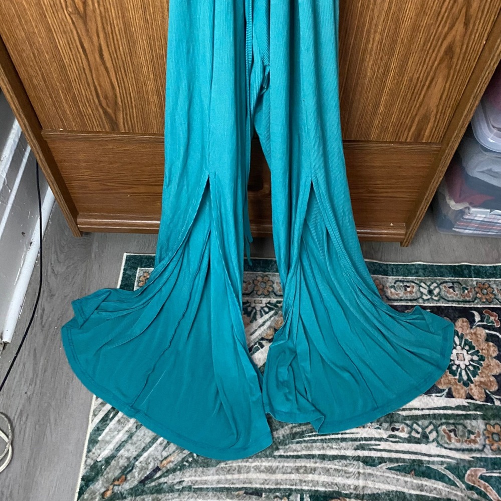 Niay Ribbed Wide Leg Jumpsuit Womens L Teal Cowl Neck Lace Up Back Slit - Picture 4 of 8